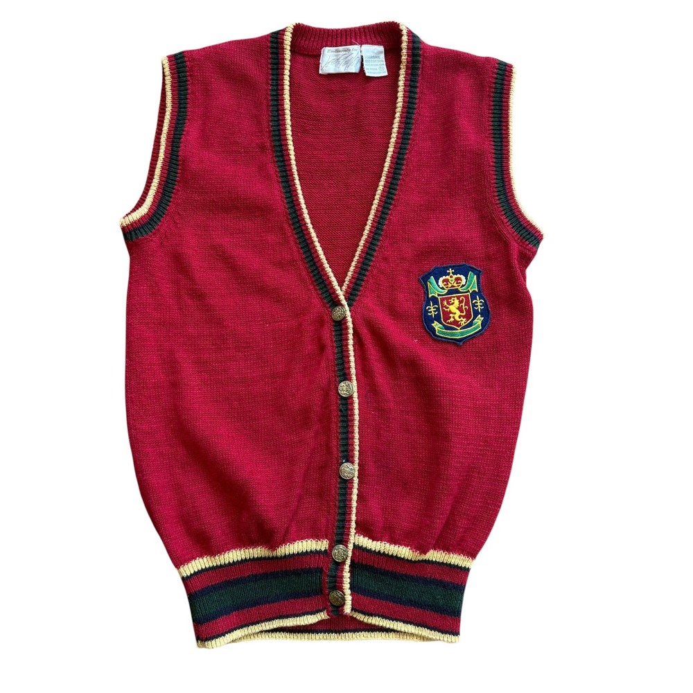 Lord &‎ Taylor Vintage Red Crest Sweater Vest Cardigan Small Preppy